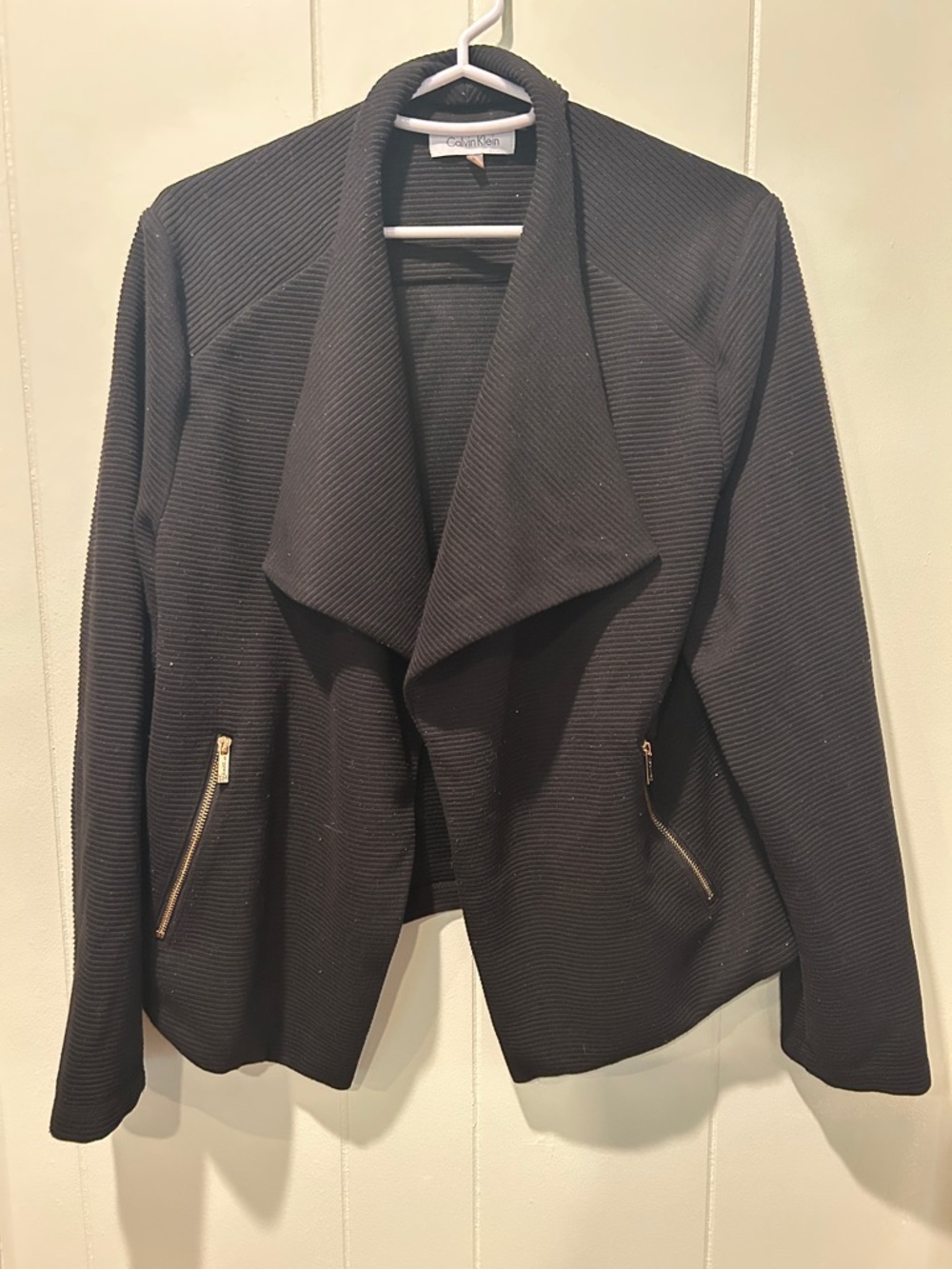 Calvin Klein Black Draped Open-Front Blazer with Gold Zippers